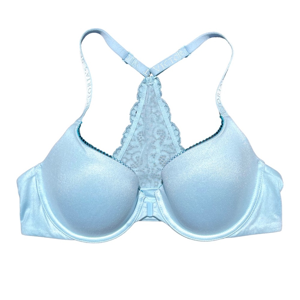 Victoria’s Secret lined demi bra front closure lace back blue padded cup 36C
